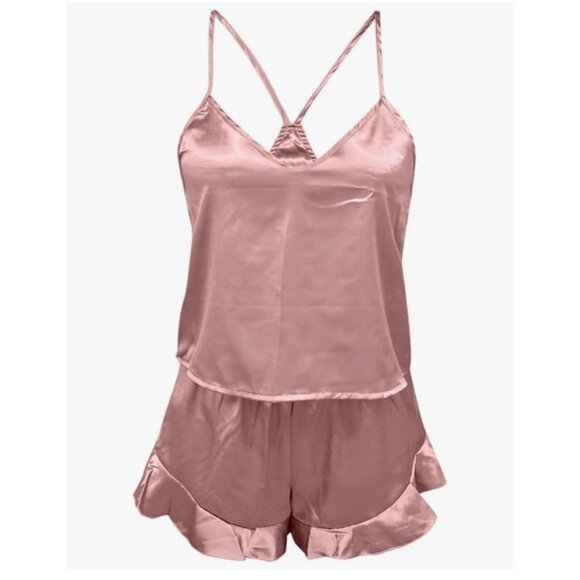 Chyrii Pink Pajama Short Set Size L Racerback Camisole Top Ruffle Trim Shorts - Picture 1 of 15